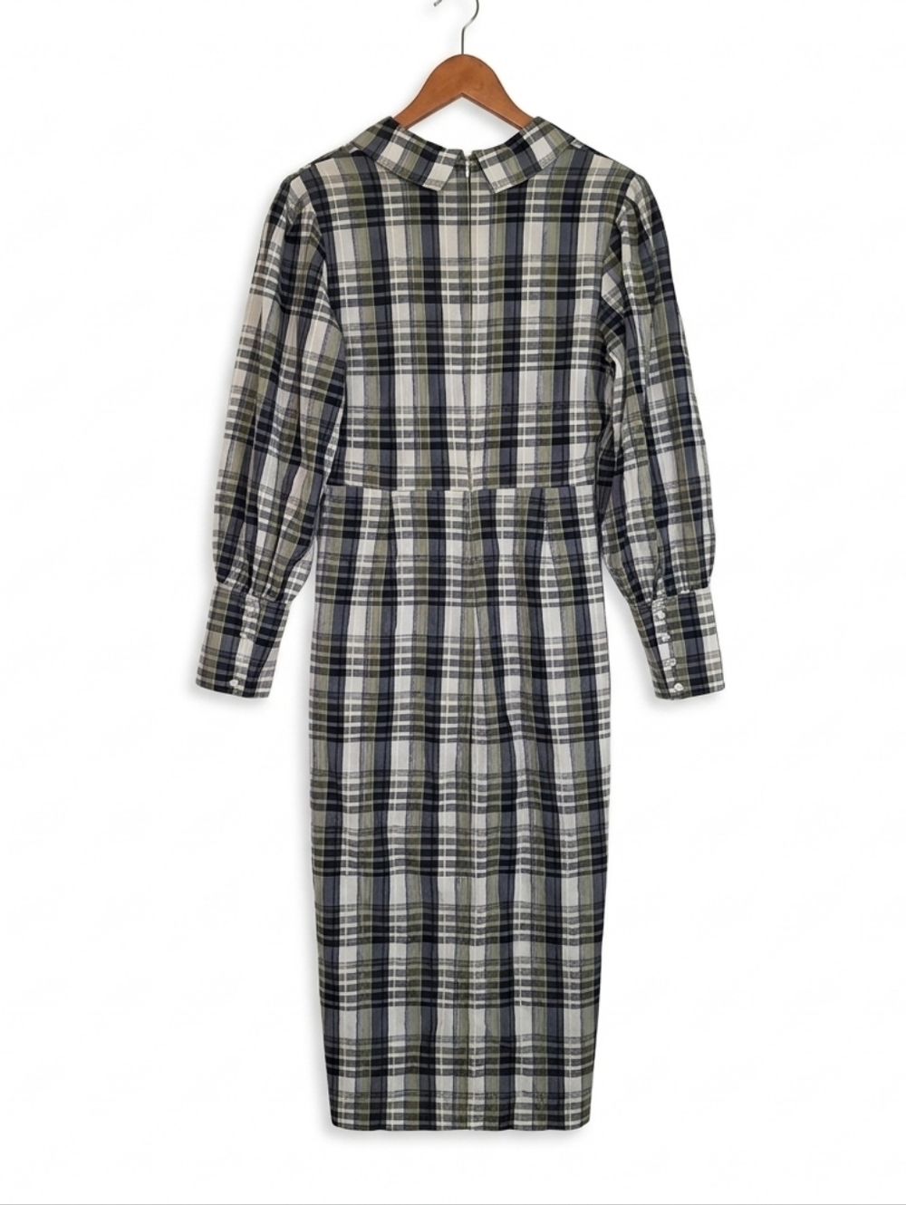 Veronica Beard Barrett Plaid Twist Front Puff Sleeve Blue Green Midi Dress Sz 8 - Picture 2 of 7